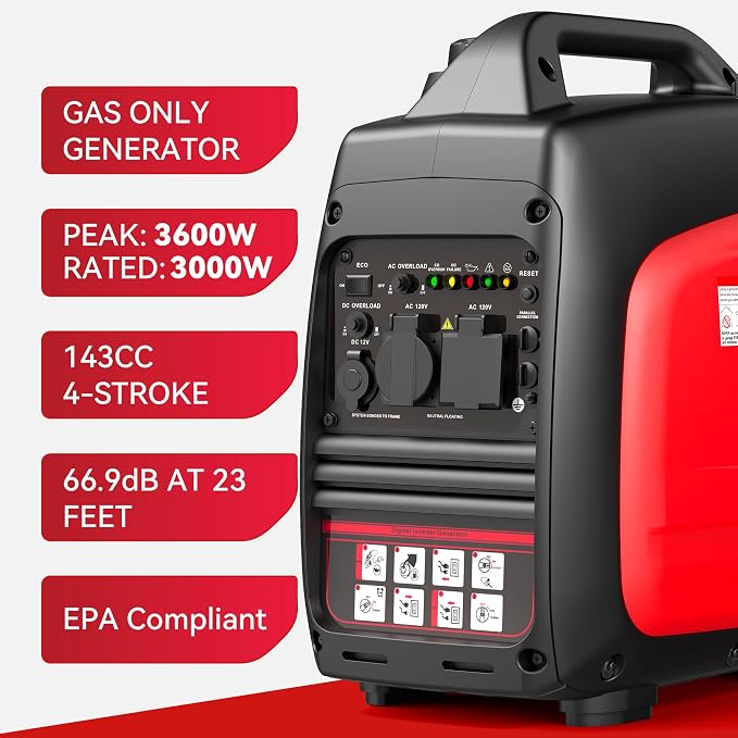 3600W Portable Generator Super Quiet Inverter Generator Ultra Lightweight for Home Backup Outdoor Camping, CO Sensor Protect, EPA, ECO Mode