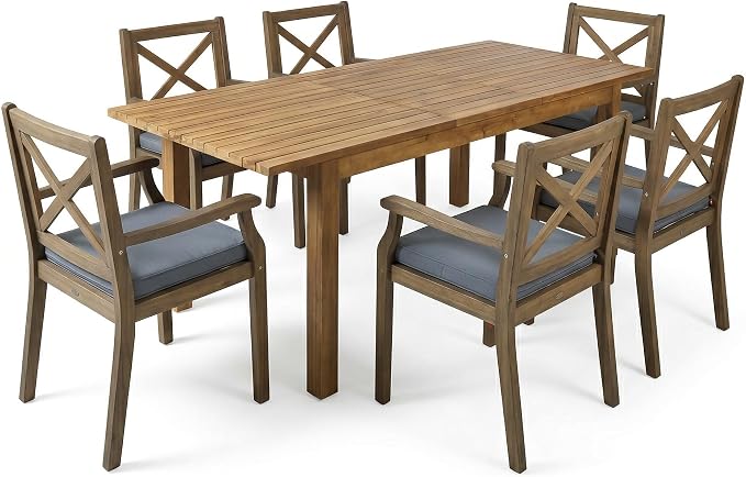 7-Piece Outdoor Patio Expandable Dining Table Set, All-Weather Acacia Wood Dinning Set with 6 Armchair and Cushions for Garden Backyard Balcony Deck Poolside (Grey Cushions+Teak)