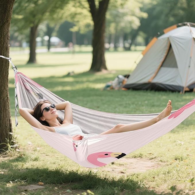 FRMG Cute Flamingo Pink Hammock 500 lbs Capacity Portable Hammocks with Tree Straps & Attached Carry Bag, Camping Essentials Gear, 2303967a