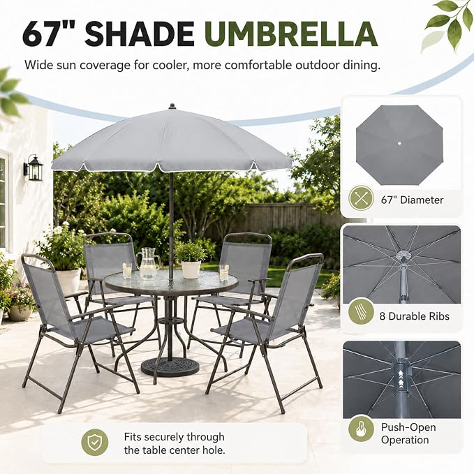 6-Piece Patio Dining Set for 4 with Umbrella, Outdoor Table and Chairs Set with 4 Folding Chairs, Round 31.5" Tempered Glass Table for Garden Backyard Poolside, Gray