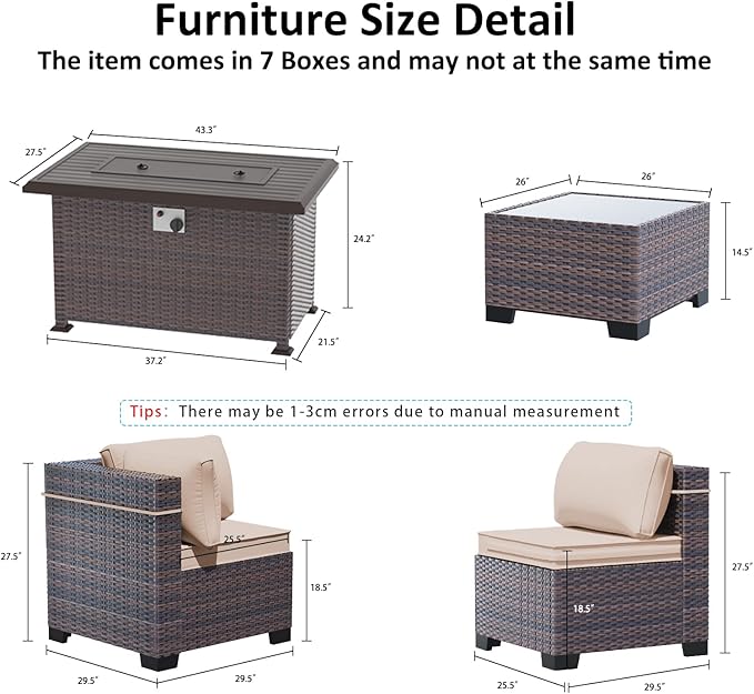 Outdoor Patio Furniture Set with Gas Fire Pit Table, 13 Pieces Outdoor Furniture Set Patio Sectional Sofa w/43in 55000 BTU Propane Fire Pit, PE Wicker Rattan Patio Conversation Sets - Brown
