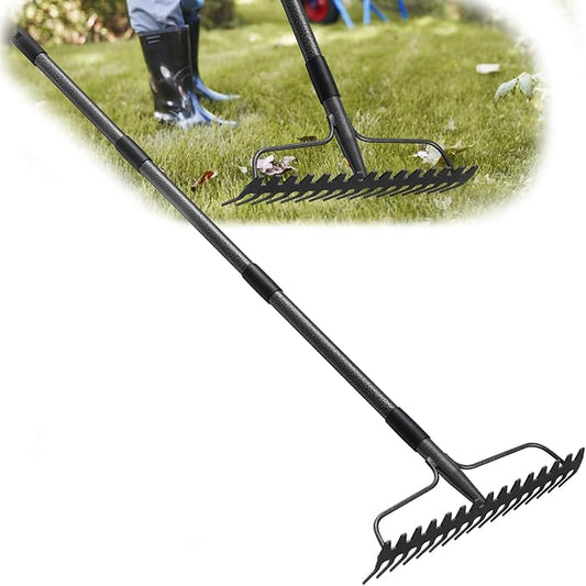 63 inch Bow Rake, 2-in-1 Metal Garden Lawn Rake for Weeding Digger Loosening Soil Raking Leaf Leveling Rocks Spreading Mulch Gravel 17 Tines Adjustable Garden Rake