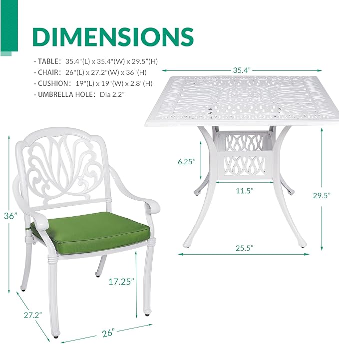 VIVIJASON 5-Piece Patio Furniture Dining Set, All-Weather White Cast Aluminum Outdoor Conversation Set, Include 4 Cushioned Chairs and a 35.4" Square Table w/Umbrella Hole for Balcony Lawn Garden
