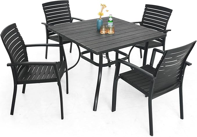 Anmutig Outdoor Dining Table with 1.6" Umbrella Hole, Picnic Table Brown Plastic Square Backyard Bistro Table Outdoor Dining Table for Garden, Poolside, Backyard