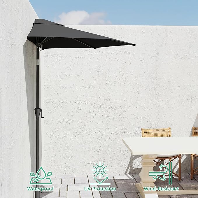 Helios&Hestia 9 ft Small Half Round Wall Outdoor Market Patio Umbrella with Tilt and Crank for Garden, Deck, Balcony