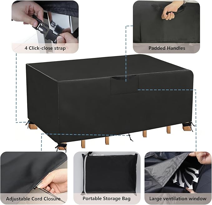 Patio Furniture Cover 96" L x 48" W x 28" H - Heavy Duty Outdoor Patio Table & Chair Cover, Waterproof UV Resistant Dustproof Protector for 8-10 Seats Sectional Sofa, Black