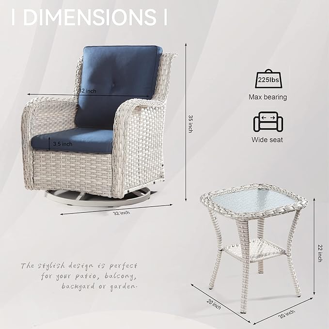 Joyside Outdoor Rocker Swivel Patio Chairs Set of 4 with 2 Matching Side Tables - 6 Pieces Patio Wicker Conversation Set with Premium & Soft Fabric Cushions(Light Grey/Blue)