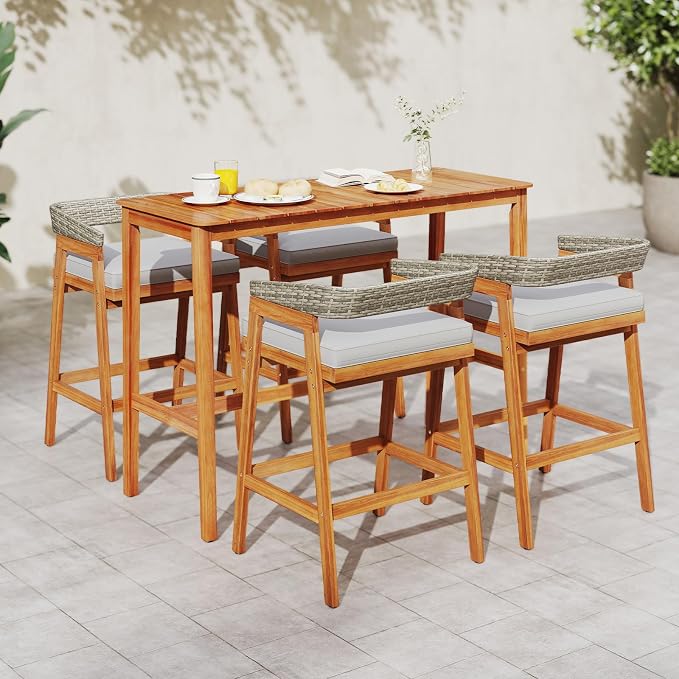 HAPPYGRILL Acacia Wood Outdoor Bar Table 55 Inch, Rectangular Pub Table with Slatted Top and Adjustable Foot Pads, for Hot Tub, Balcony, Garden and Poolside