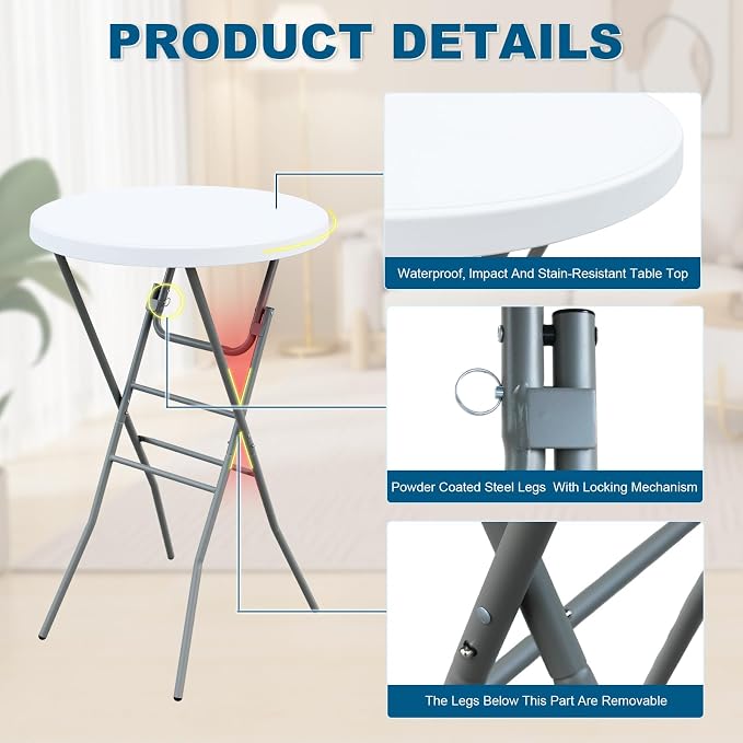 28” Round Folding Bar Table, High Top Cocktail Table with Locking Mechanism, HDPE Waterproof Stain-Resistant Top, Indoor Outdoor Patio Garden Party, White, 2 PCS
