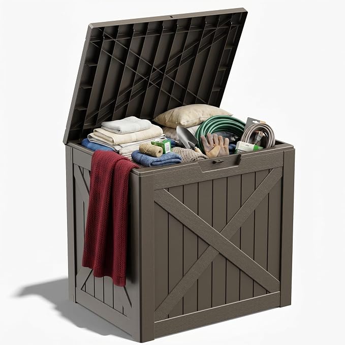 ROJIK 33 Gallon Resin Deck Box, Lockable Waterproof Weatherproof Outdoor Storage Container for Garden Tools, Cushions & Outdoor Accessories(Grey)