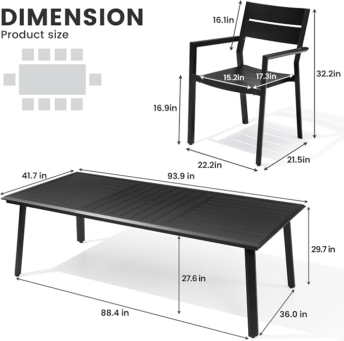 11-Piece Outdoor Dining Set with 10 Stackable Armchairs | 94" Aluminum Rectangular Patio Table Rust-Proof Umbrella Hole for Large Family Gatherings, BBQs, Parties, Black