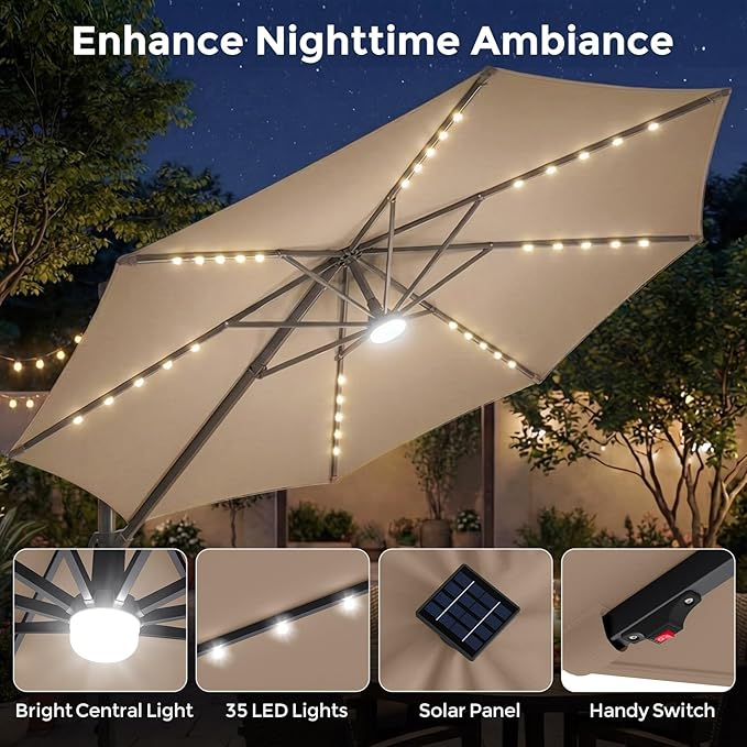 Tangkula 10ft Patio Umbrella with Solar Lights, Offset Cantilever Square Outdoor Umbrella with 35 LED Lights, Aluminum Pole, 360 Degree Rotation, Tilt Adjustment, Air Vent for Pool Deck Yard (Tan)