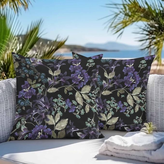 Purple Green Flower Leaf on Black Outdoor Pillow Covers 18x18in Pack of 2 Waterproof Pillowcase Retro Plant Oil Painting Decorative Throw Cushion Case for Patio Couch Sofa