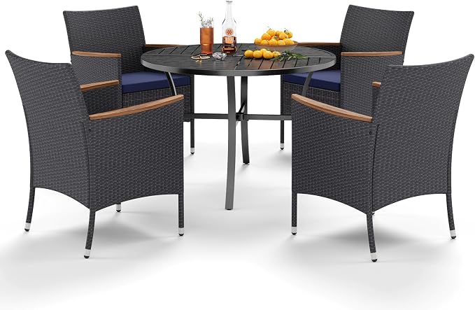 PHI VILLA 5 Pieces Outdoor Round Table Set for 4, 42” Wrought Iron Dining Table with Umbrella Hole & Cushioned Rattan Wicker Chairs for Patio, Deck, Yard, Porch