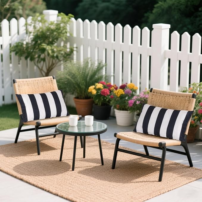 2 Pack Waterproof Pillow Covers Outdoor Throw Pillowcases Decorative Garden Cushion Case for Home Garden Patio Couch Balcony Striped (Black & White, 12 * 20 inch)