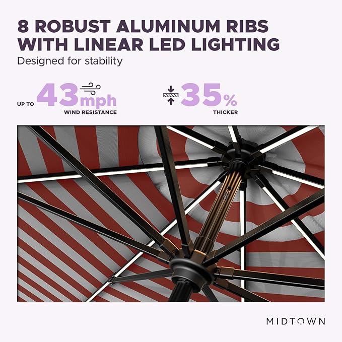 Midtown Umbrellas The LED Swilt 10 Feet Patio Umbrella With Terylast Red Stripes (Red/White) Polyester Fabric - Auto-Tilt Aluminum Frame With LED Lights For Backyard, Deck, Garden, Pool - Black Pole