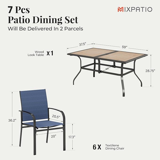 MIXPATIO 7 Pieces Patio Table and Chairs Set, Outdoor Dining Furniture Set for 6, 6 Blue Textilene Chairs and 61" Wood-Like Table Top with Umbrella Hole, for Deck Backyard Lawn
