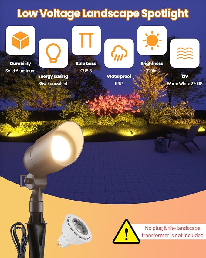 Cheopha 12V Outdoor Low Voltage Landscape Lighting Spotlight, IP67 Waterproof Aluminum Body, Replaceable 4W MR16 LED Bulb (2700K Warm White) for Garden, Lawn, and Yard Lights 2-Pack