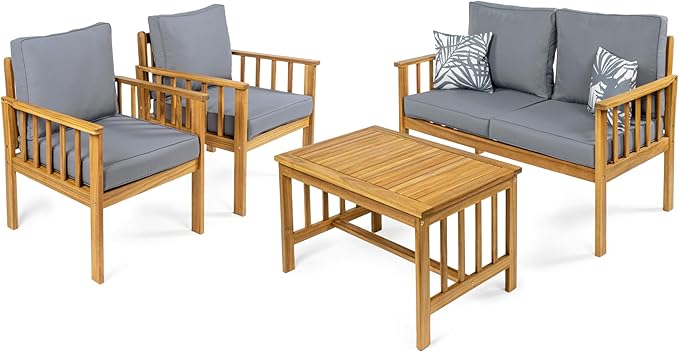 JONATHAN Y LVG1201A-4SET Everly 4-Piece Modern Cottage Acacia Wood Outdoor Patio Set with Cushions and Tropical Decorative Pillows Classic, Coastal, Traditional, Vintage, Mid-Century, Gray/Teak Brown