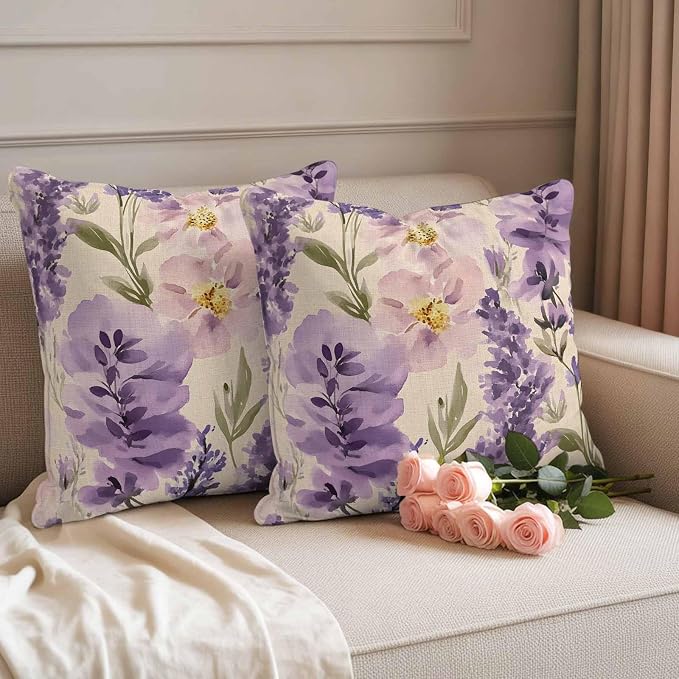 Spring Flowers Outdoor Waterproof Throw Pillow Covers Set of 2, 18"x18", Lavender Leaf Purple Floral Vintage Decorative Pillow Covers Outside Cushion Case for Patio Porch Garden
