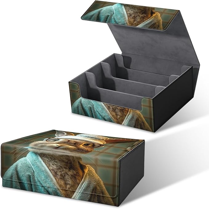 Large Card Deck Box for MTG, Fits 1200+ Sleeved Cards, PU Leather Storage Case with Strong Magnetic Closure, Multiple Colors Available for TCG CCG Baseball Card Collections, Glasses Rabbit
