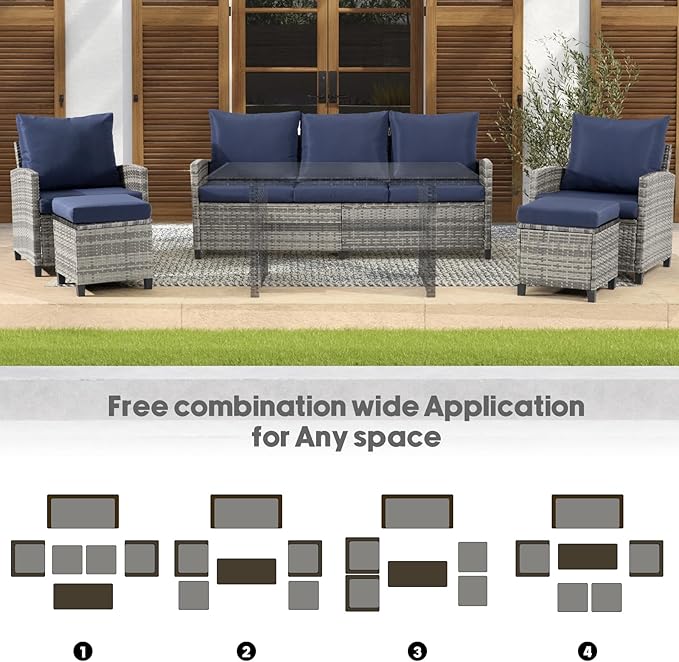 FHFO 5 Pieces Outdoor Patio Sectional Furniture Set, Wicker Patio Conversation Sofa Couch Set with Ottomans Rattan Chair and Table for Outside, Garden,Grey-Blue