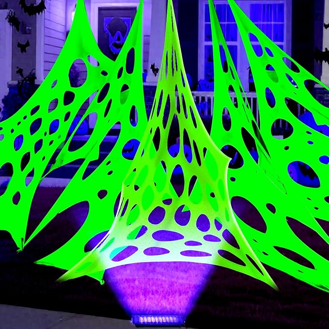 Glow in The Dark Green 1000 Sqft Uncut Giant Spider Web Halloween Decorations Outdoor with 1 Black Light &10 Ground Nails Stretchy Beef Cloth Netting DIY for Yard Party