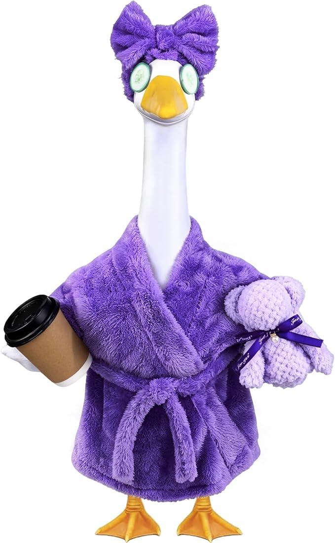 Celltestria Lady Goose Outfits for 23" Geese Purple Bathrobe Porch Goose Costume Coffee Cup Bear Cucumber Eye Mask Goose Clothes for Outdoor Patio Yard Lawn Garden Decoration