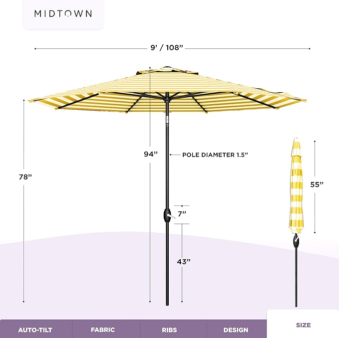 Midtown Umbrellas 10-Year-No-Fade - 9 Ft - UV Proof Yellow/white Stripes Fabric - Umbrella Outdoor Patio, Auto-Tilt Aluminum Frame Patio Umbrella for Garden, Pool & Deck - Black Pole