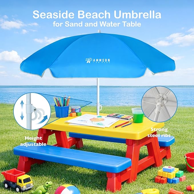 AMMSUN 5ft Seaside Beach Umbrella for Sand and Water Table - Kids Durable Umbrellas for children Beach Camping Garden Outdoor Play Shade