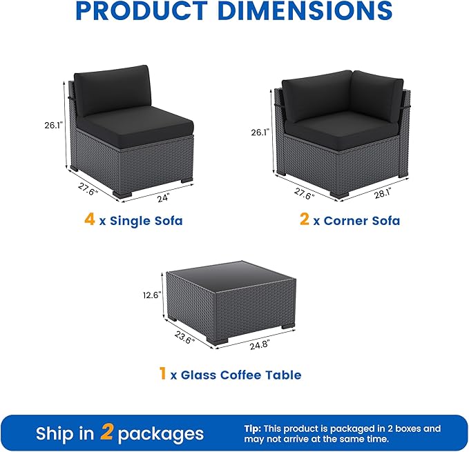 Patio Furniture Sets, 7-Piece Outdoor Patio Furniture with Thick Cushions,Coffee Table Outdoor All-Weather Conversation Set Sectional Sofa for Backyard, Poolside, Garden(Black)