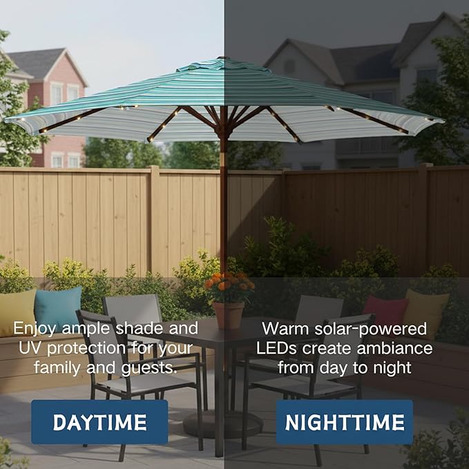 9' Solar LED Patio Umbrella with Tilt & Crank|8 Sturdy Ribs,UV Protection,Outdoor Market Table Umbrella for Deck,Lawn,Pool,Backyard (Blue Green Stripes)