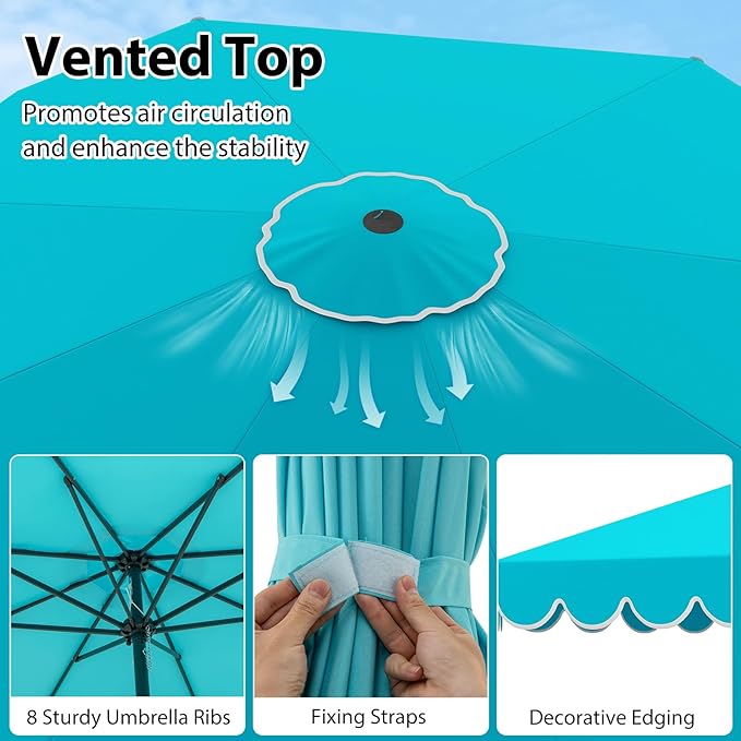 HAPPYGRILL 10 FT Patio Umbrella, Market Table Umbrella w/Crank, Push Button Tilt, Ruffled Edges, Vented Top & 8 Ribs, Outdoor Sun Shade for Poolside Backyard Beach