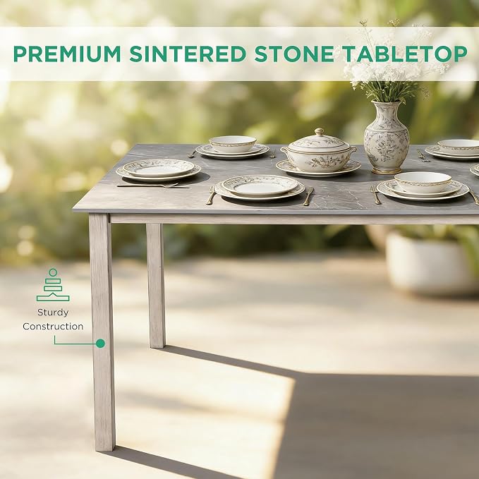 7-Piece Patio Dining Set, Grey Food-Grade Sintered Stone Dining Table with Umbrella Hole, 4 Dining Chairs and 2 Swivel Chairs with Grey Removable Thickened Cushions for Garden Lawn Yard
