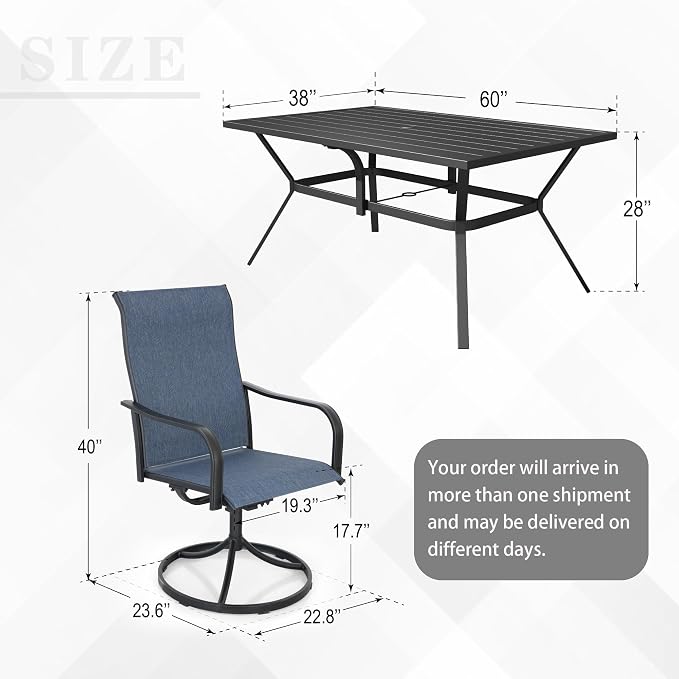 Anmutig 7-Piece Outdoor Patio Dining Set with 6 Dining Swivel Chairs, Outdoor Furniture Steel Frame Slat Rectangular Table with 1.57" Umbrella Hole for Backyard, Blue