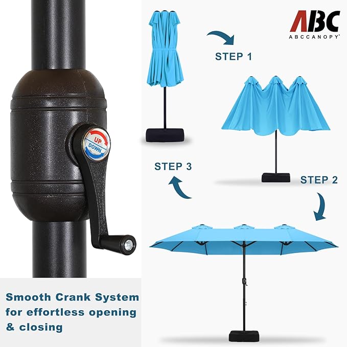 ABCCANOPY 15FT Patio Umbrella with Base, Outdoor Double-Sided Rectangle Umbrella Bonus Latch, Wights for Poolside, Lawn, Backyard (Turquoise)