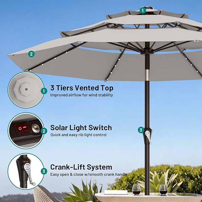 AreShark 9ft 3 Tiers Patio Umbrella with Solar Lights, Outdoor Umbrella w/ 32 LED Lights&8 Sturdy Ribs, Table Umbrella for Deck, Backyard, Pool (Light Gray)