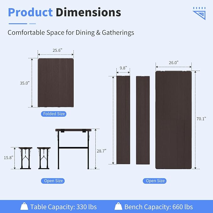 Polar Aurora Picnic Table Set with 2 Benches, 6 Feet Folding Camping Table Chair Set, Portable 3-Piece Outdoor Furniture with Wood Grain Top for Party, Picnic, Camping, Wedding (Brown)