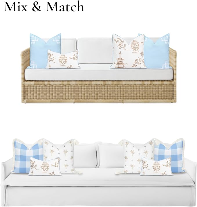 Hofdeco Premium Coastal Patio Indoor Outdoor Lumbar Pillow Cover Only, 12"x20" Water Repellent for Backyard, Couch, Baby Blue Tan Chinoiserie with Piping