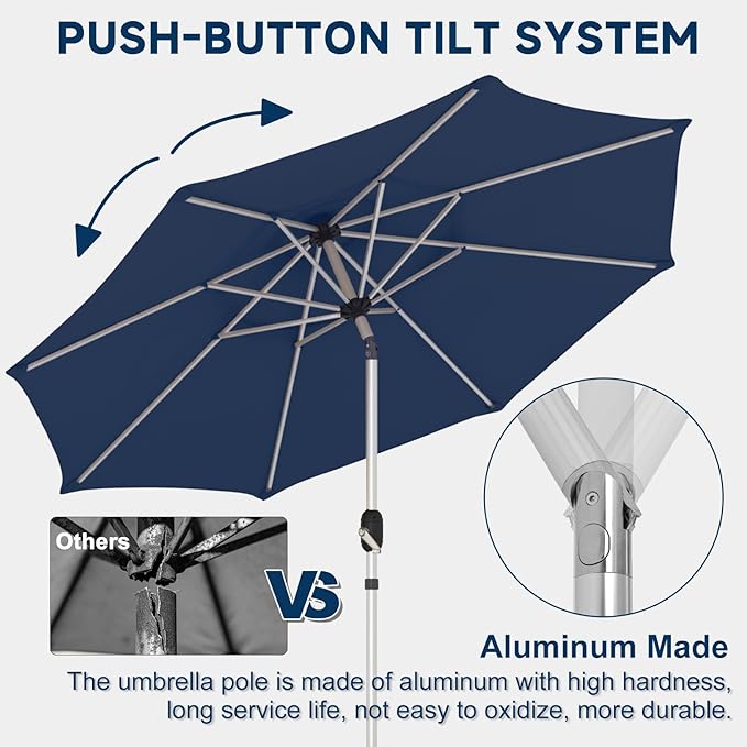 9FT 3-Tier Aluminum Outdoor Patio Umbrella, Fade-Resistant Market Umbrella with Push Button Tilt Function, 8 Sturdy All-Aluminum Ribs for Gardens, Patios, Backyards & Pools