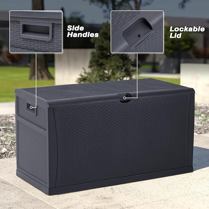 120 Gallon Resin Wicker Patio Storage Box, Outdoor Storage Container Deck Box and Gar, Grey