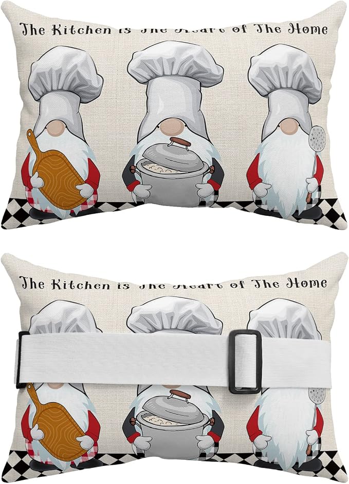 Outdoor Pillows Covers with Inserts The Chef Gnome Kitchen Linen Black Buffalo Plaid Waterproof Pillow with Adjustable Strap Throw Pillows for Patio Furniture Recliner Lounge Chair, 11x16 inch, 1PCS