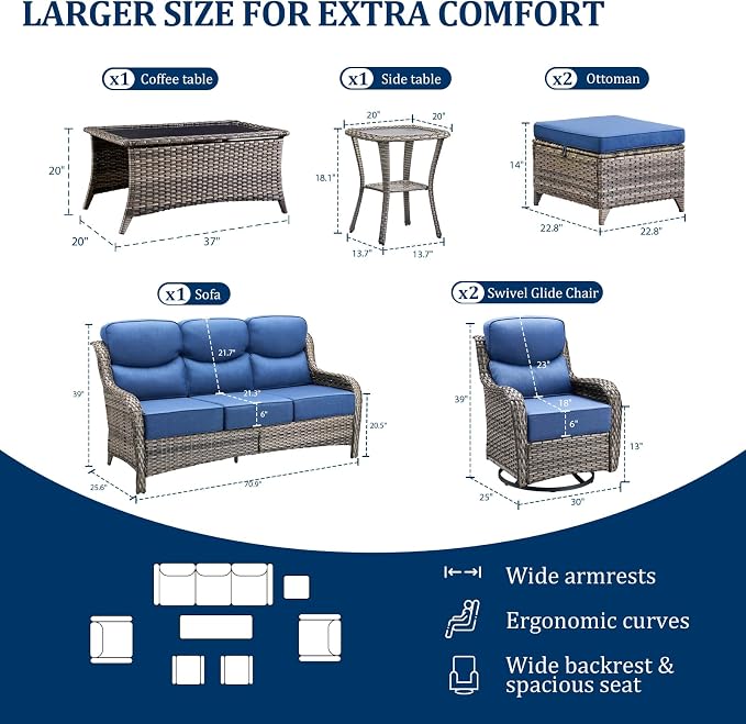 Luxury Swivel Rocker Chair Sofa Set with 6" Thick Cushions,7-Piece Wicker Patio Chair with Coffee Table and Ottoman,Outdoor Comfortable High Back Chair Patio Furniture Set - Gery | Blue