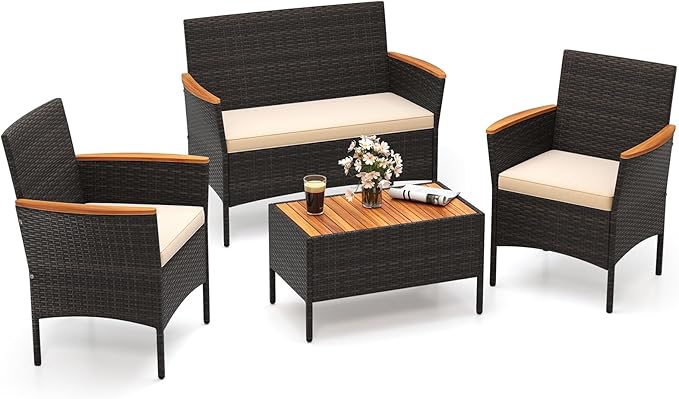Tangkula 4 Pieces Patio Wicker Sofa Set, 2 Rattan Chairs & Loveseat w/Coffee Table, Acacia Wood Armrests & Tabletop, Outdoor Cushioned Conversation Set for Backyard, Poolside (1)