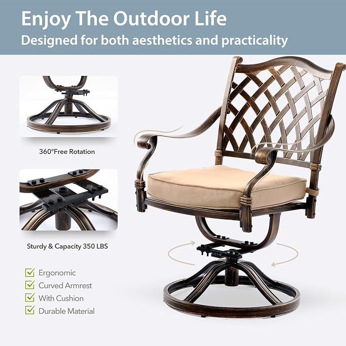 7-Pcs Cast Aluminum Patio Dining Set with 6 Swivel Chairs,Bronze | Outdoor Furniture Set Include 54" Round Dining Table and 6 Swivel Chairs with Cushions & Umbrella Hole