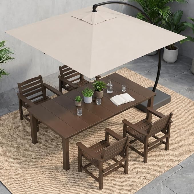 5-Piece Outdoor Dining Set, 10x10FT Cantilever Umbrella for 4,Brown | HDPE table, chairs included, aluminum frame, weather-resistant furniture, perfect for yard, lawn, garden, deck