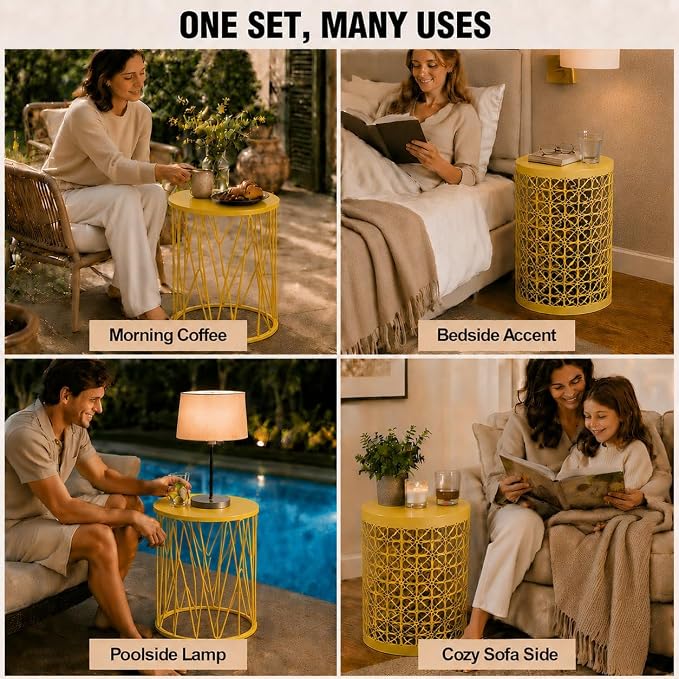 Y&M Outdoor Side Tables, Set of 3 Metal Stacking Patio Side Tables for Outside, Round Indoor End Tables, Coffee Accent Poolside Tables for Patio Garden Balcony, Yellow