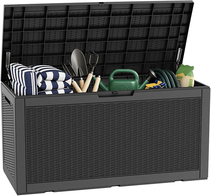 LAUSAINT HOME 320 Gallon Resin Deck Box, Package Delivery Box with Lockable Lid, Waterproof Outdoor Storage Box For Garden Tools, Patio Cushions(320 Gallon,Black)