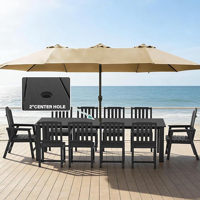 11-Piece Patio Dining Set, Outdoor Dining Set for 10, HDPE All-Weather Outdoor Furniture with 89.57” Umbrella Hole Table, 2 Armchairs & 8 Armless Chairs, Black