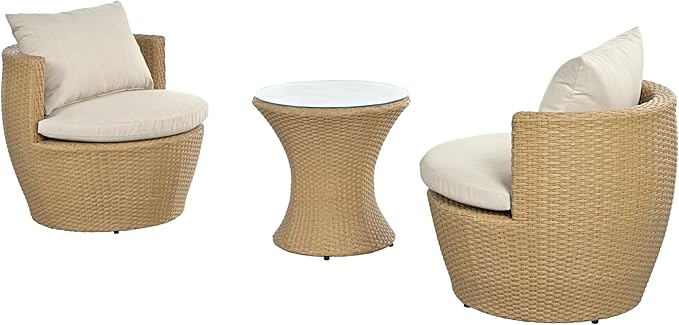 Christopher Knight Home Dessa Patio Conversation Set, Wicker Rattan Club Chairs, Wicker End Table, Accent Chair with Cushions, Mirror Table Top, Conversation Set for Backyard Poolside, Light Brown